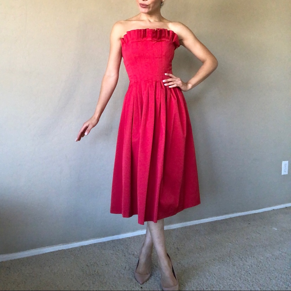 ANTONIO MELANI Strapless Ruffled Bodice Midi Dress in Vibrant Red